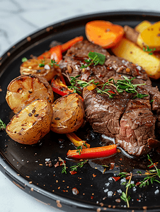 牛肉和蔬菜炖在黑盘上配上烤土豆
