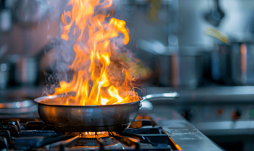 培训学习烹饪教室里的炉子上放着平底锅的煤气火
