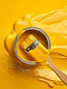 油漆刷子摄影照片_顶部有刷子的黄色油漆罐