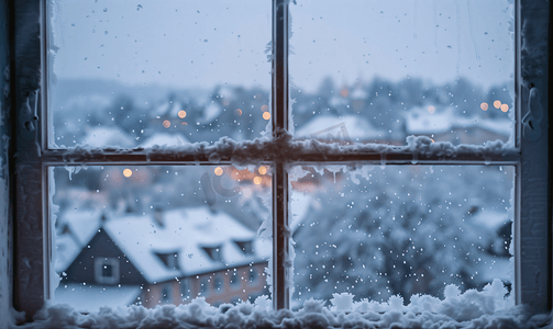 模糊窗户背景摄影照片_透过冰冻的窗户看村庄的模糊景色