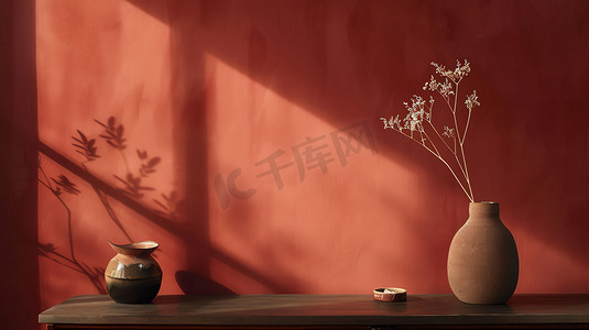 室内红墙沙发花瓶摄影照片