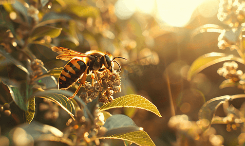 一只大黄蜂躲在树荫下的灌木丛中阳光在背景中闪耀
