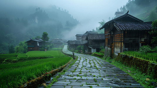 烟雨村庄古代建筑摄影照片
