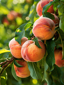 一堆水果卡通摄影照片_桃树枝上的天然水果桃子