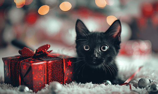 可爱礼物盒子摄影照片_圣诞黑猫与圣诞礼物