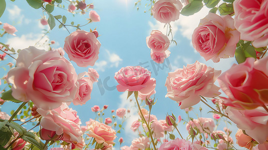 蓝天白云粉色花朵摄影照片
