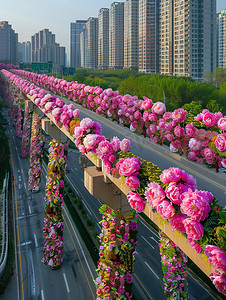 色彩鲜艳图片摄影照片_城市高架桥绿化花卉图片