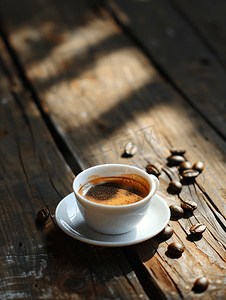 早晨自制的浓缩咖啡在木桌上有深色豆子