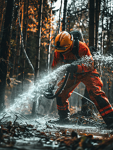 火灾危险摄影照片_消防员扑灭森林火灾救生员用水管浇水救援服务工作