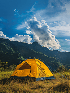 山上发光的黄色帐篷自然公园中有云旅游概念