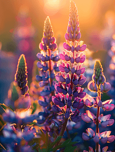羽扇豆花摄影照片_在傍晚的阳光下羽扇豆花的特写