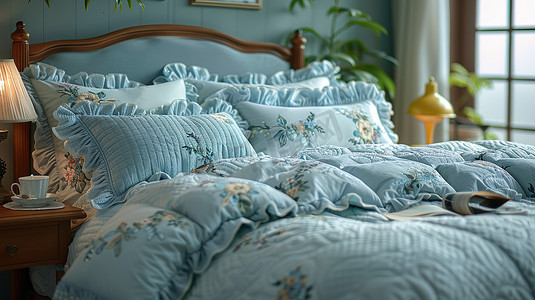 温暖舒适的卧室浅蓝色蓬松被子摄影图
