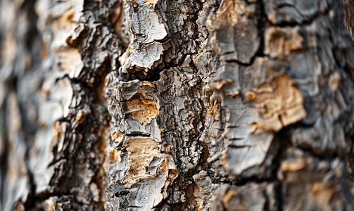 白桦树成熟树干上有皱纹的树皮