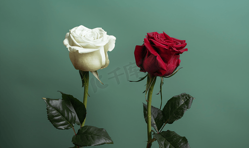 红色复古背景摄影照片_绿色垂直背景上白色和红色的玫瑰