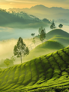 茶园日出摄影照片_日出晨雾中的茶园景观