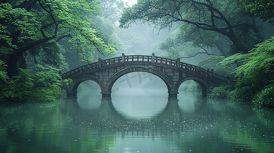 一座拱桥绿树成荫照片