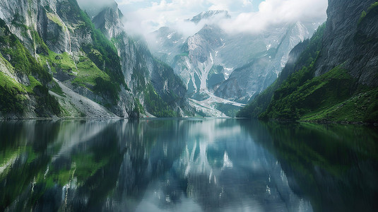 山脉峡谷湖泊美丽倒影图片