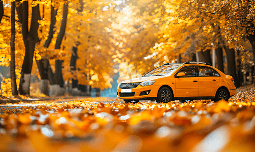 黄色汽车出租车在秋天汽车在停车场