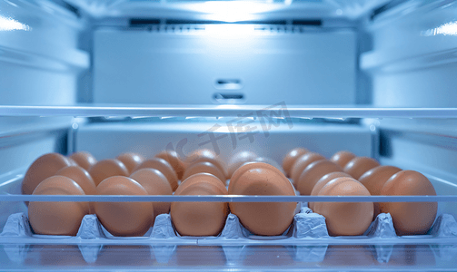 双开门冰箱摄影照片_鸡蛋摆放在冰箱的架子上