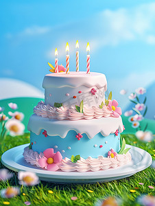 双层白色粉蓝色生日蛋糕图片