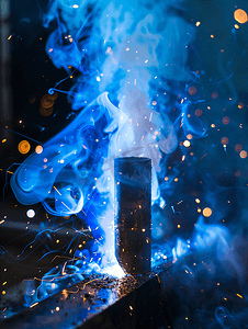 高温的摄影照片_金属焊接工作高温产生的蓝火形成焊缝