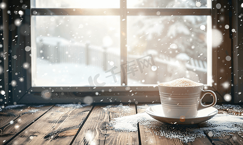 木桌上的热咖啡和窗外飘落的雪花