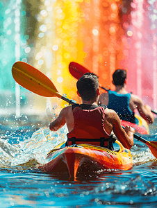 自然喷泉摄影照片_皮划艇运动员在河边喷泉附近训练溅起彩虹般的水花