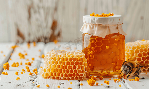 花粉背景摄影照片_白色木质背景上带罐子和蜂花粉的蜂巢