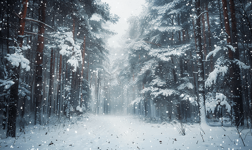 雪树林摄影照片_冬季森林大雪纷飞