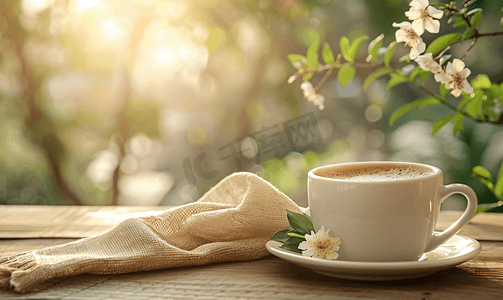 春天田野阳光摄影照片_木桌上和散景背景上的白杯浓缩咖啡
