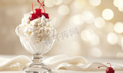 玻璃碗里的冰淇淋上面有生奶油和红樱桃