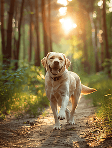 宠物狗小摄影照片_夏季白色拉布拉多宠物散步