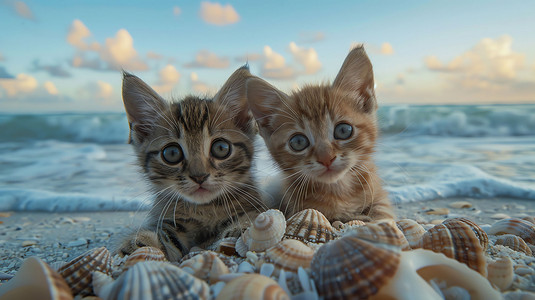 海边小猫依偎玩耍摄影照片