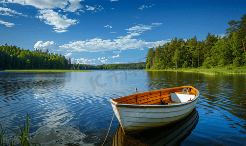 小太阳实物摄影照片_瑞典小地蓝水阳光明媚的天空森林湖上的一艘渔船