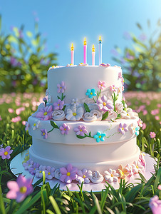 生日会老人免费摄影照片_双层白色粉蓝色生日蛋糕图片