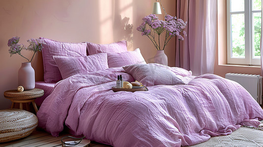 优雅淡紫色卧室四件套摄影配图