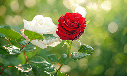 绿色单朵天然白红玫瑰