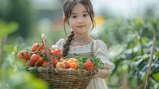农场小女孩拿着蔬菜篮子图片