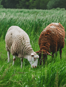 家养的白羊和棕羊在草地上吃绿草农场的牛在牧场上吃草