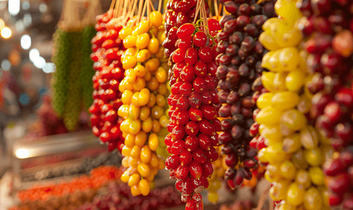 多彩多姿的东方甜味丘尔其赫拉特写葡萄汁中的坚果挂在商店里