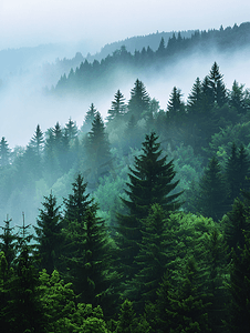神秘背静摄影照片_有雾的黑暗的山松树林