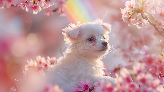光感彩虹摄影照片_粉色花朵彩虹小狗摄影照片