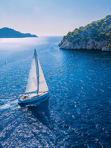 蓝色亚得里亚海中的白色风帆游艇