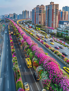 城市高架桥绿化花卉高清图片