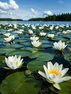 瑞典小地睡莲田的一个湖上水中开着白花