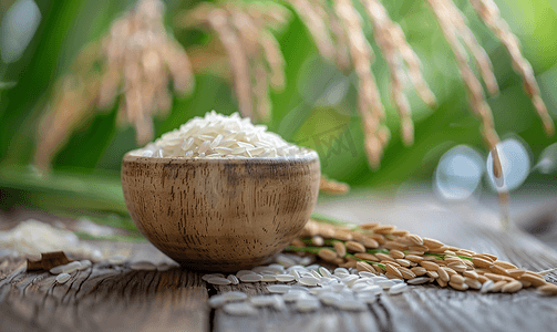 木桌上的白米和水稻种子有机茉莉香米