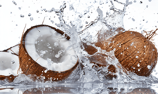 食品图形摄影照片_孤立的白色背景上有水溅的新鲜椰子