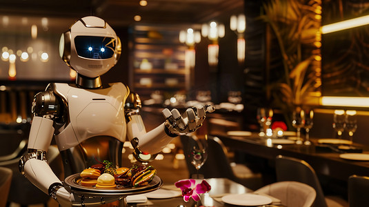 高端机器人服务员餐厅摄影照片