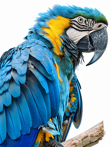 养背景摄影照片_特写蓝鹦鹉在白色背景的木材上隔离并用剪切路径制作