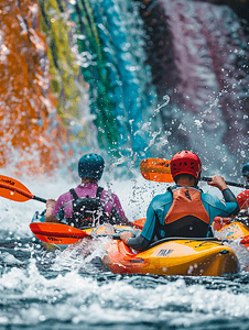 动感水纹水花摄影照片_皮划艇运动员在河边喷泉附近训练溅起彩虹般的水花